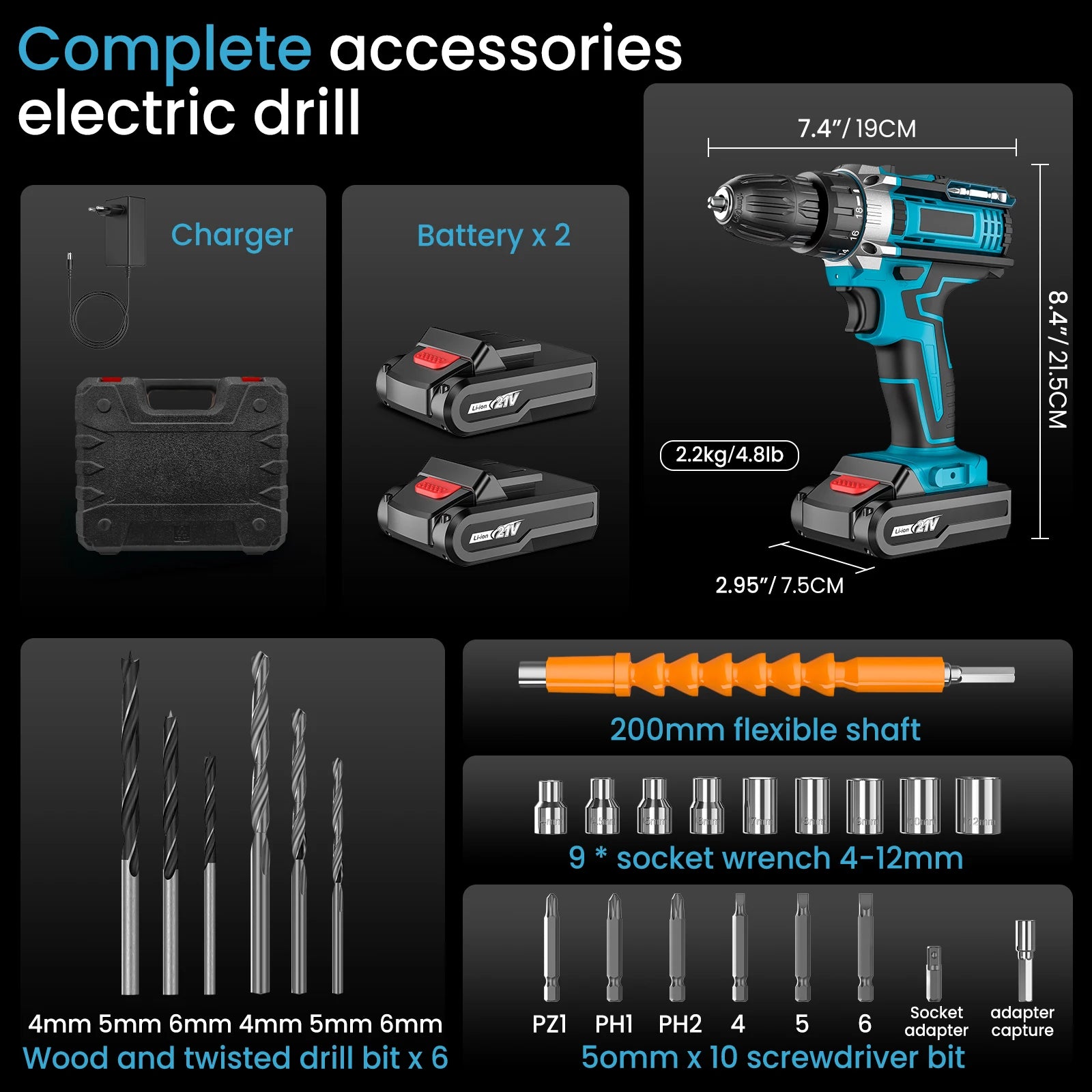 Bormașină Electrică Multifuncțională  21V - Profesională + Set Complet